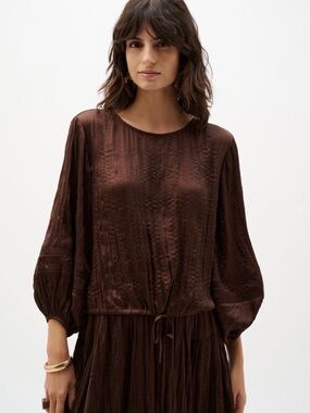 Joseph Ribkoff style # 262959. Pleated satin cocoon top with drawstring.
